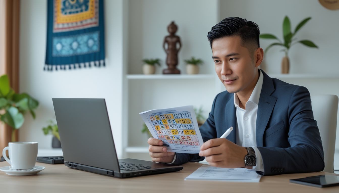 Seorang pria Indonesia duduk di meja kerja dengan laptop, mencatat dan menganalisis hasil togel di ruang kerja yang rapi dan terang.