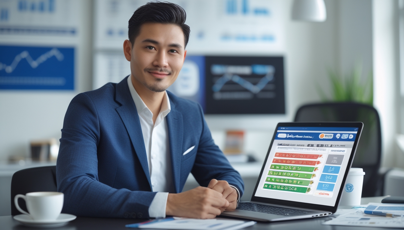 Seorang pria Asia Tenggara duduk di meja kantor modern dengan laptop terbuka menampilkan hasil togel dan grafik, terlihat fokus dan percaya diri.