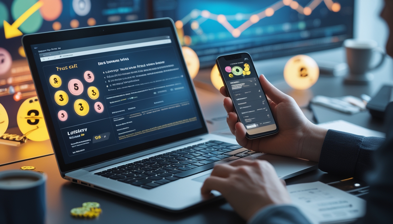 Seorang pengguna sedang melihat situs dan aplikasi togel online di laptop dan ponsel di meja kerja yang rapi.
