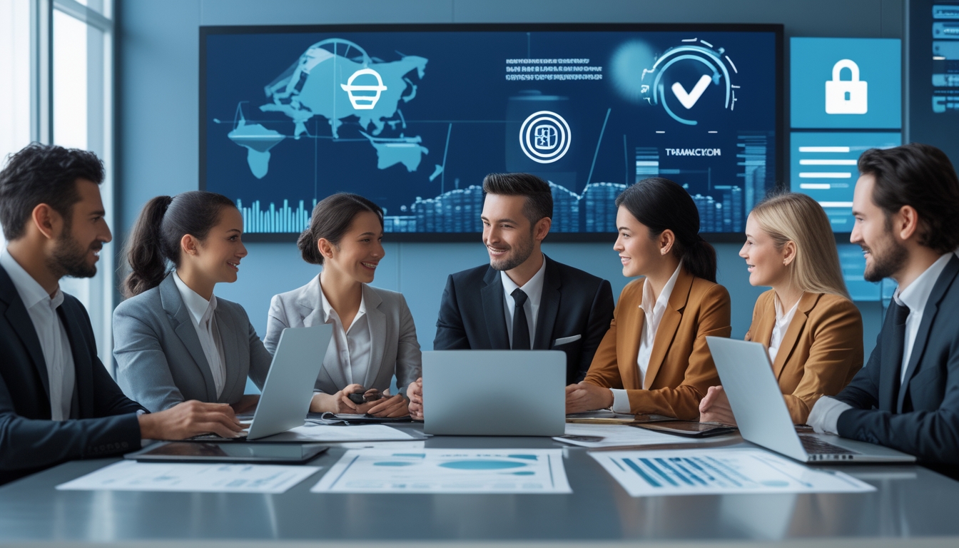 Sekelompok profesional bisnis sedang berdiskusi di ruang kantor modern dengan perangkat elektronik dan grafik di meja, menunjukkan suasana kerja yang cepat dan terpercaya.