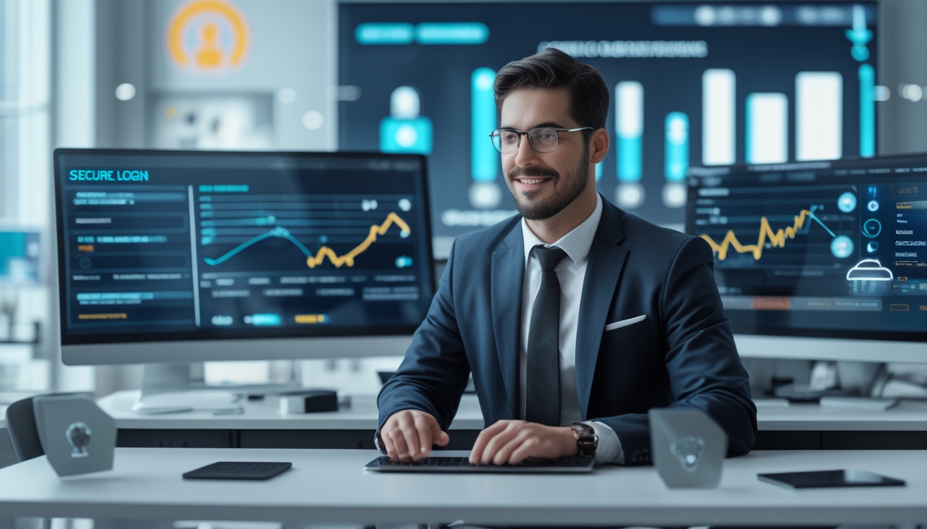 Seorang agen togel online terpercaya sedang bekerja di kantor modern dengan layar komputer yang menampilkan data dan simbol keamanan.