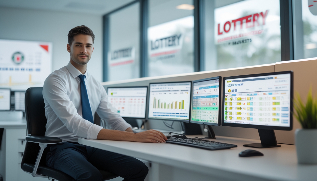 Seorang profesional di kantor modern dengan beberapa layar komputer yang menampilkan data pasar togel.