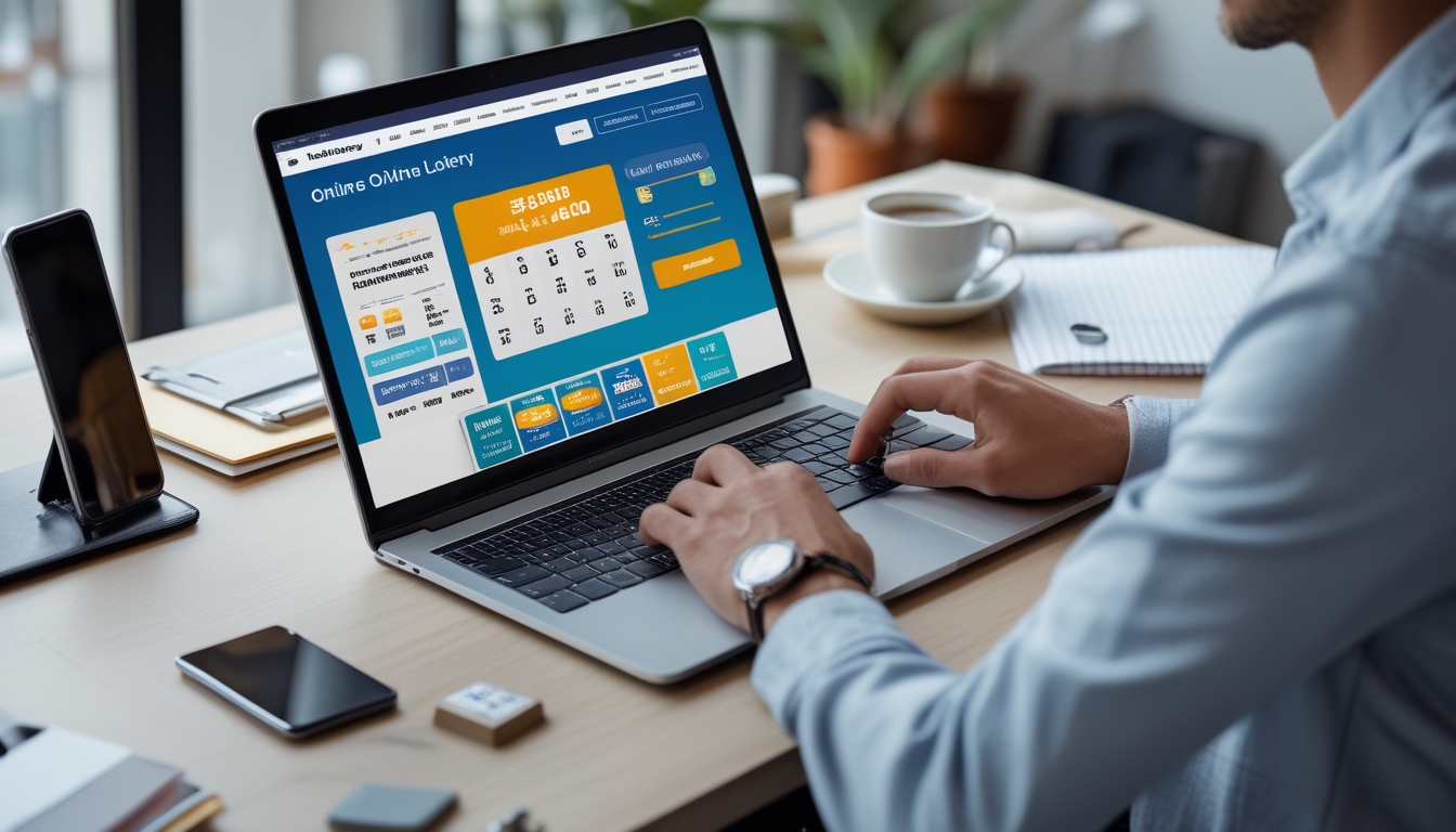 Seseorang duduk di meja kerja menggunakan laptop untuk bermain togel online dengan tampilan layar yang menunjukkan angka dan grafik.