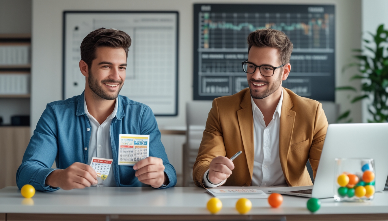 Dua orang duduk di meja kantor modern, satu memegang tiket togel dan ponsel dengan ekspresi belajar, yang lain fokus menganalisis data di laptop, dengan latar belakang papan grafik dan bola togel dalam wadah transparan.