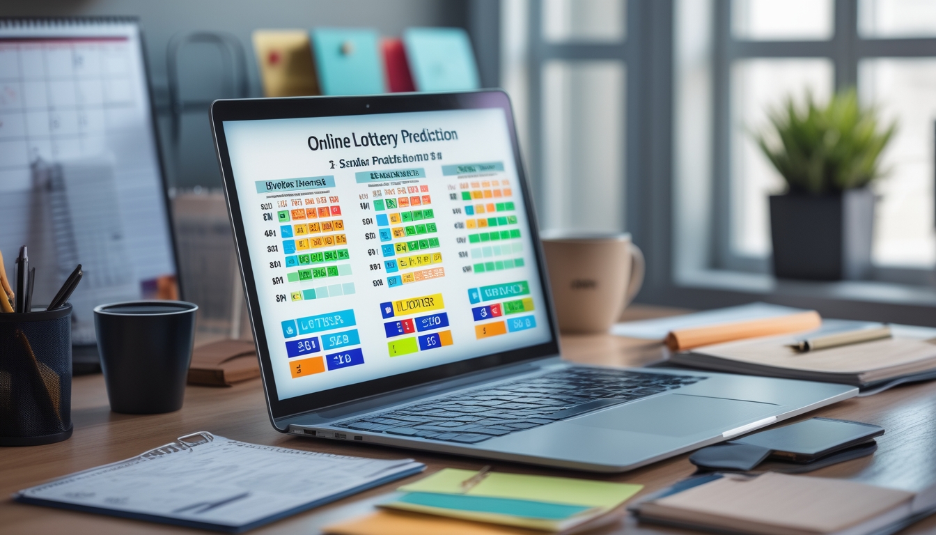 Sebuah ruang kerja modern dengan laptop yang menampilkan grafik dan angka hasil togel, dikelilingi catatan dan ponsel, dengan cahaya alami masuk dari jendela.