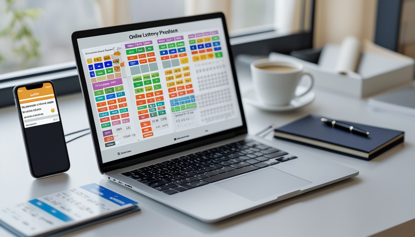 Sebuah ruang kerja modern dengan laptop dan ponsel yang menampilkan grafik dan angka terkait prediksi togel online, dengan suasana yang rapi dan pencahayaan alami.