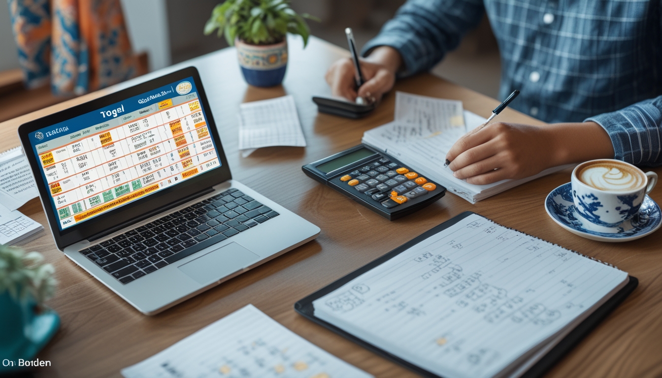Meja kerja dengan laptop, kalkulator, dan tangan seseorang sedang mencatat data angka untuk prediksi permainan Togel.