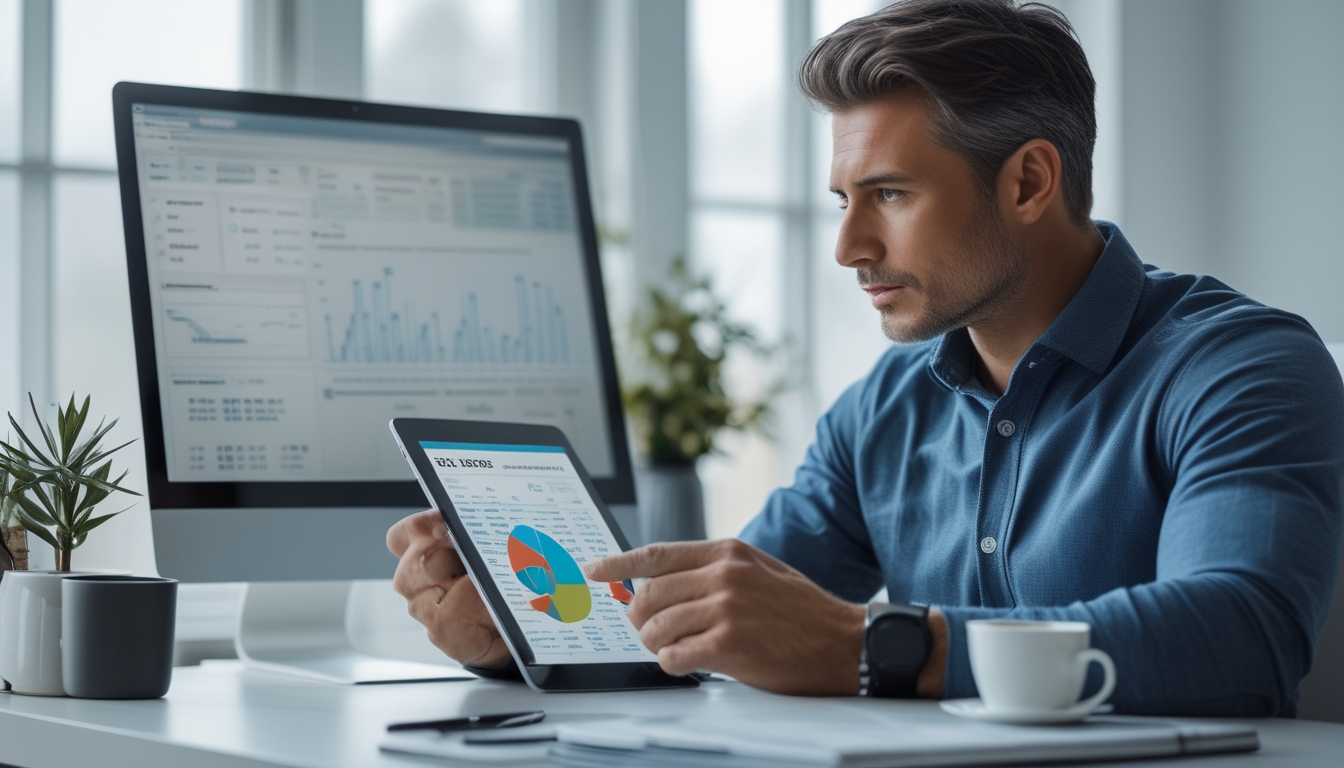 Seorang pria fokus menganalisis data prediksi togel menggunakan tablet di kantor dengan pencahayaan alami.