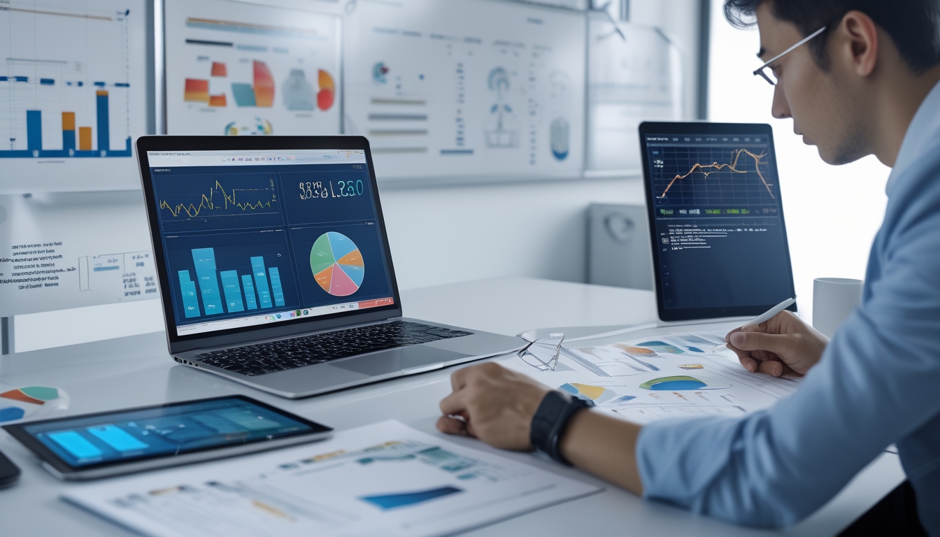 Seorang profesional sedang menganalisis data di meja kerja dengan laptop, tablet, dan dokumen berisi grafik dan angka di kantor yang terang dan rapi.