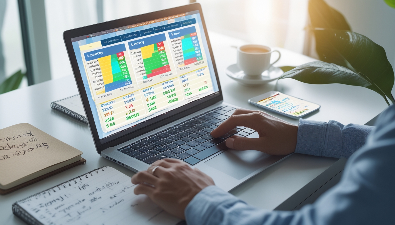 Sebuah meja kerja modern dengan laptop menampilkan grafik dan angka prediksi togel, smartphone, buku catatan, dan secangkir kopi di dekat jendela dengan cahaya alami.