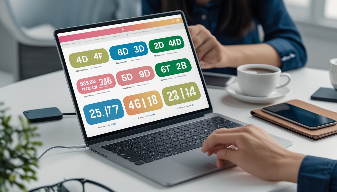 Meja kerja dengan laptop yang menampilkan grafik dan angka prediksi togel, tangan seseorang sedang menggunakan laptop, di sekitar terdapat smartphone, cangkir kopi, dan buku catatan.