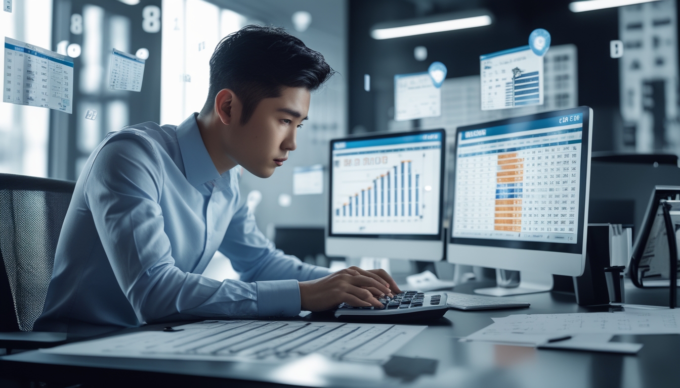Seorang pria muda sedang menganalisis data dan grafik di kantor modern dengan fokus dan serius.