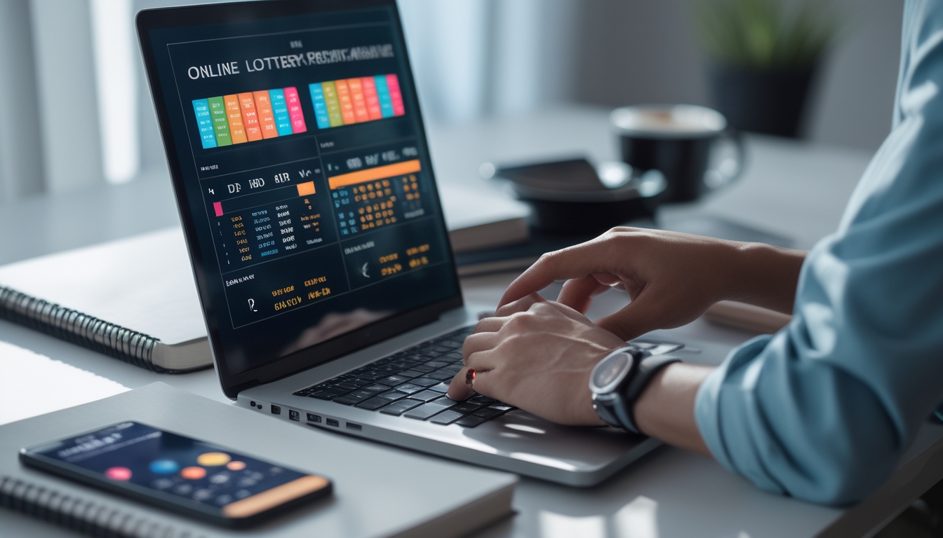 Seseorang bekerja dengan laptop yang menampilkan grafik dan angka hasil togel online di sebuah meja kerja.