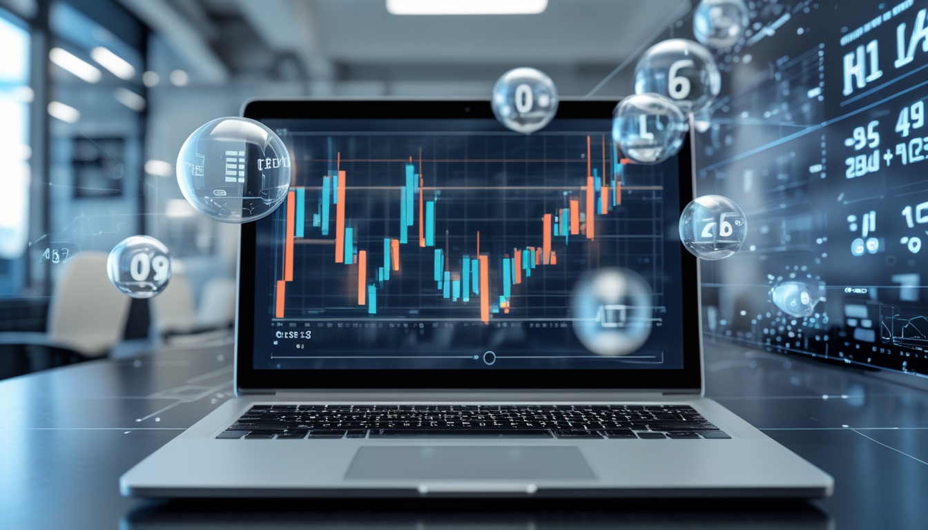 Seorang profesional bekerja di depan laptop dengan grafik dan angka prediksi togel yang muncul di layar dan hologram di sekitarnya.