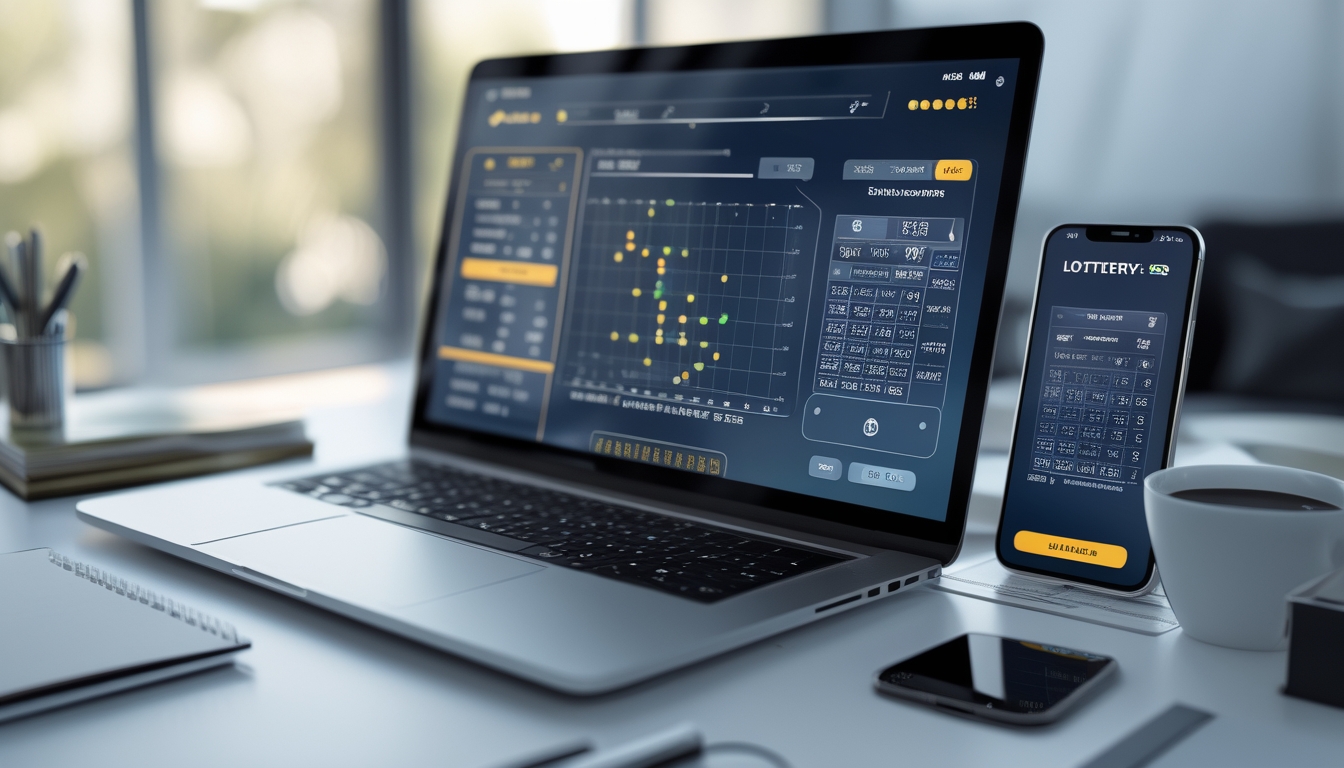 Meja kerja dengan laptop dan ponsel yang menampilkan prediksi hasil togel secara online.