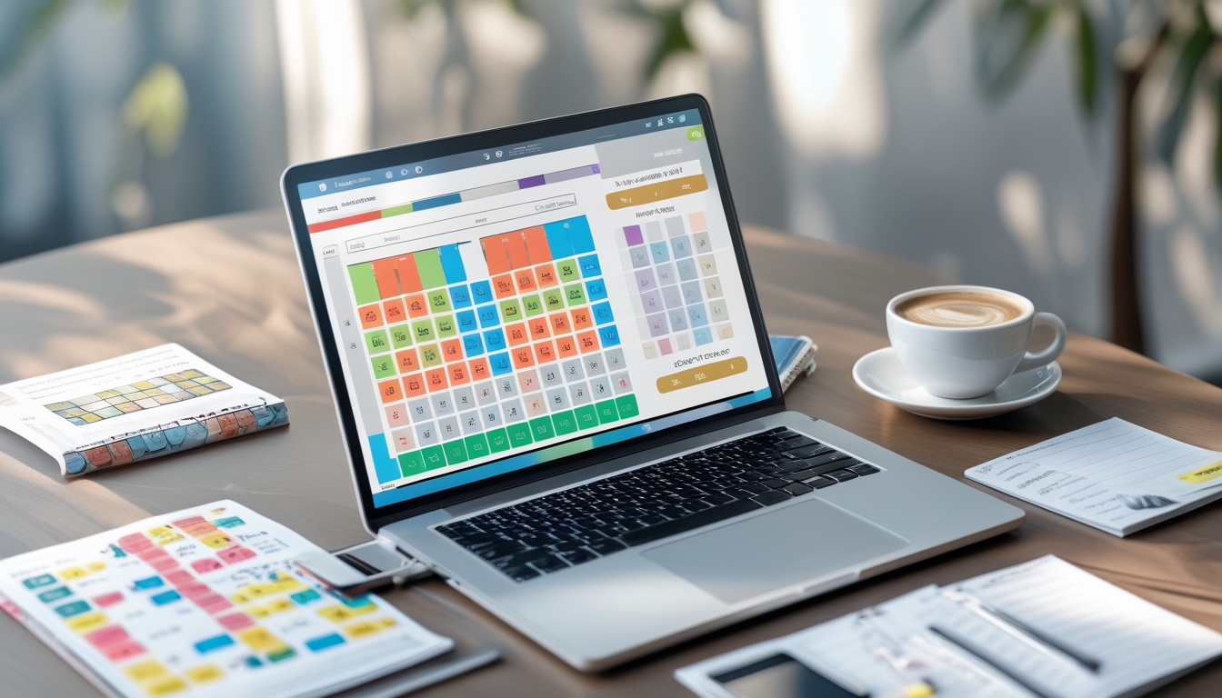 Meja kerja modern dengan laptop yang menampilkan grafik dan angka prediksi togel, ponsel dengan aplikasi togel, catatan, dan secangkir kopi.
