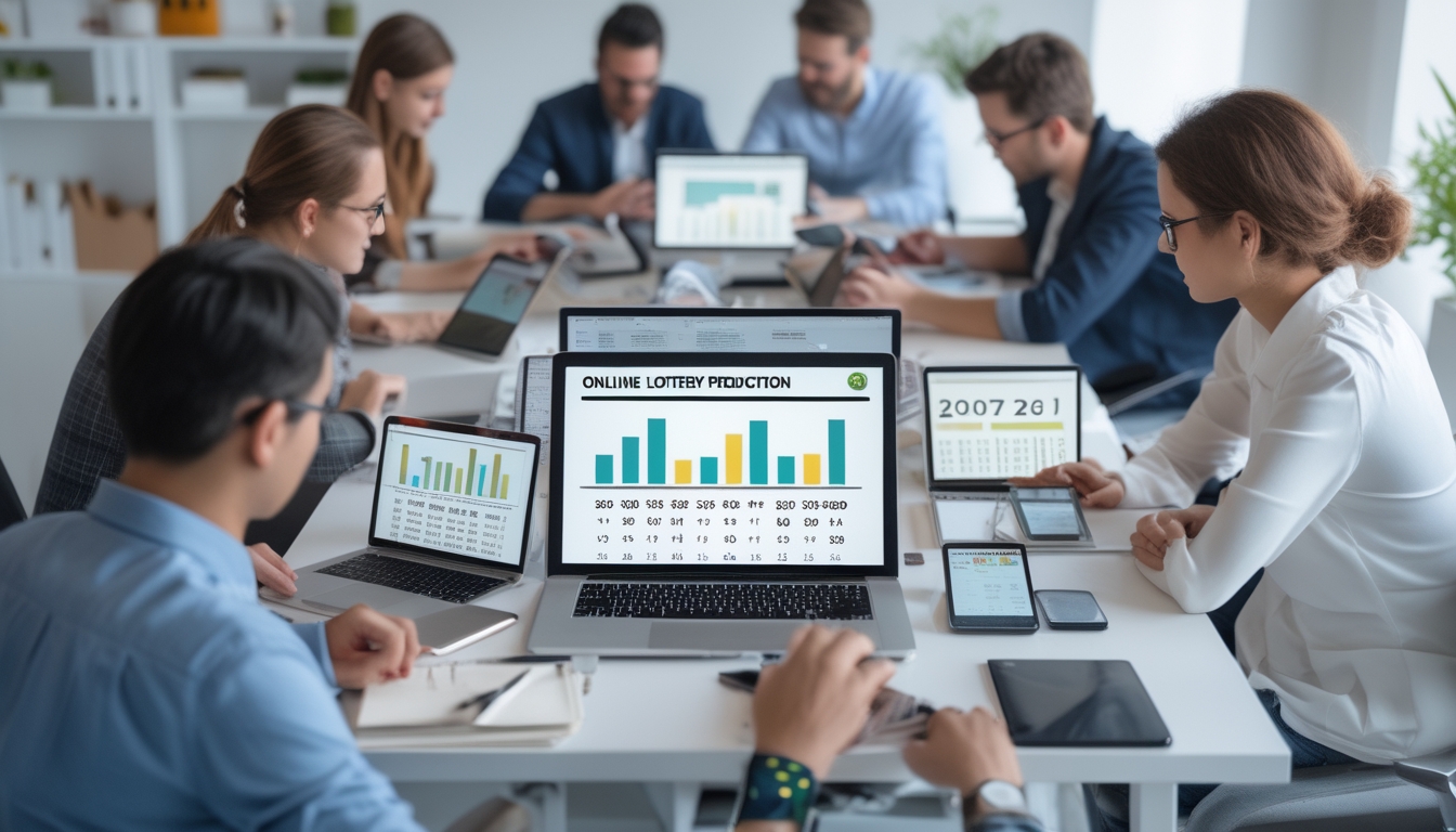 Sekelompok orang sedang bekerja bersama di kantor dengan perangkat digital, menganalisis data togel online dengan fokus dan serius.