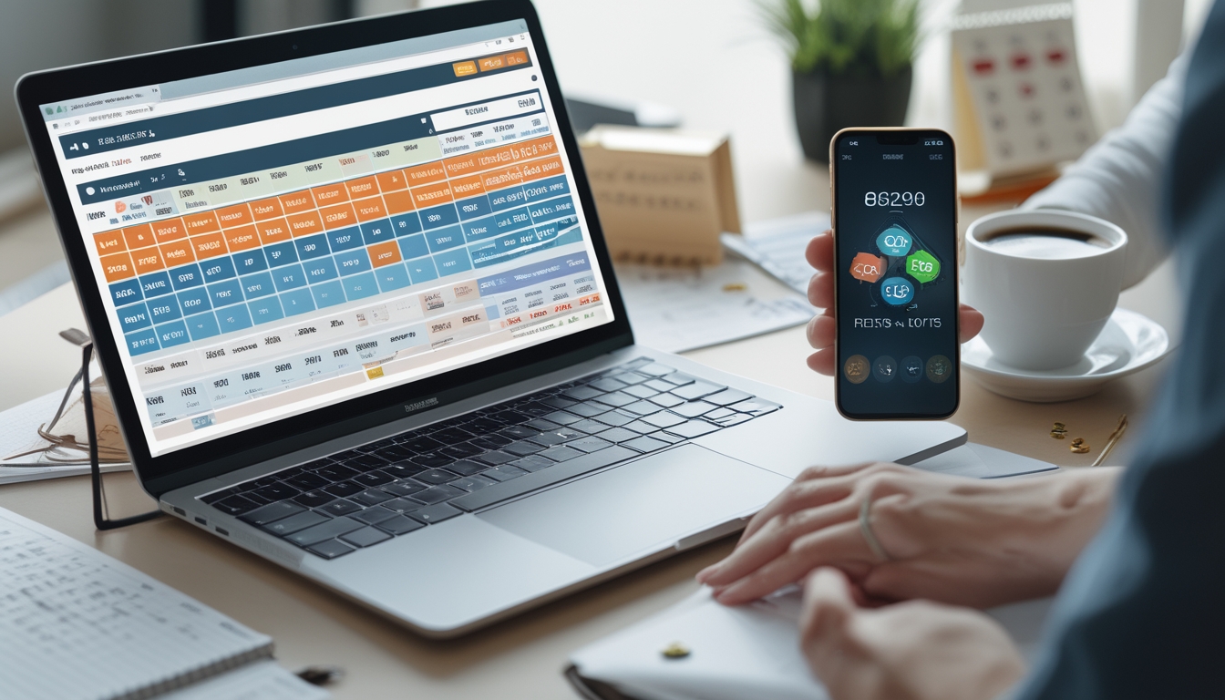 Sebuah ruang kerja modern dengan laptop menampilkan data prediksi togel dan perangkat pendukung seperti ponsel dan catatan di atas meja.