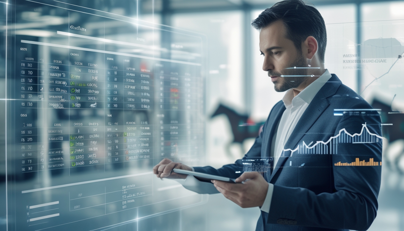 Seorang analis sedang melihat data jadwal pacuan kuda terbaru di layar digital dengan latar belakang kuda pacu yang sedang berlari.