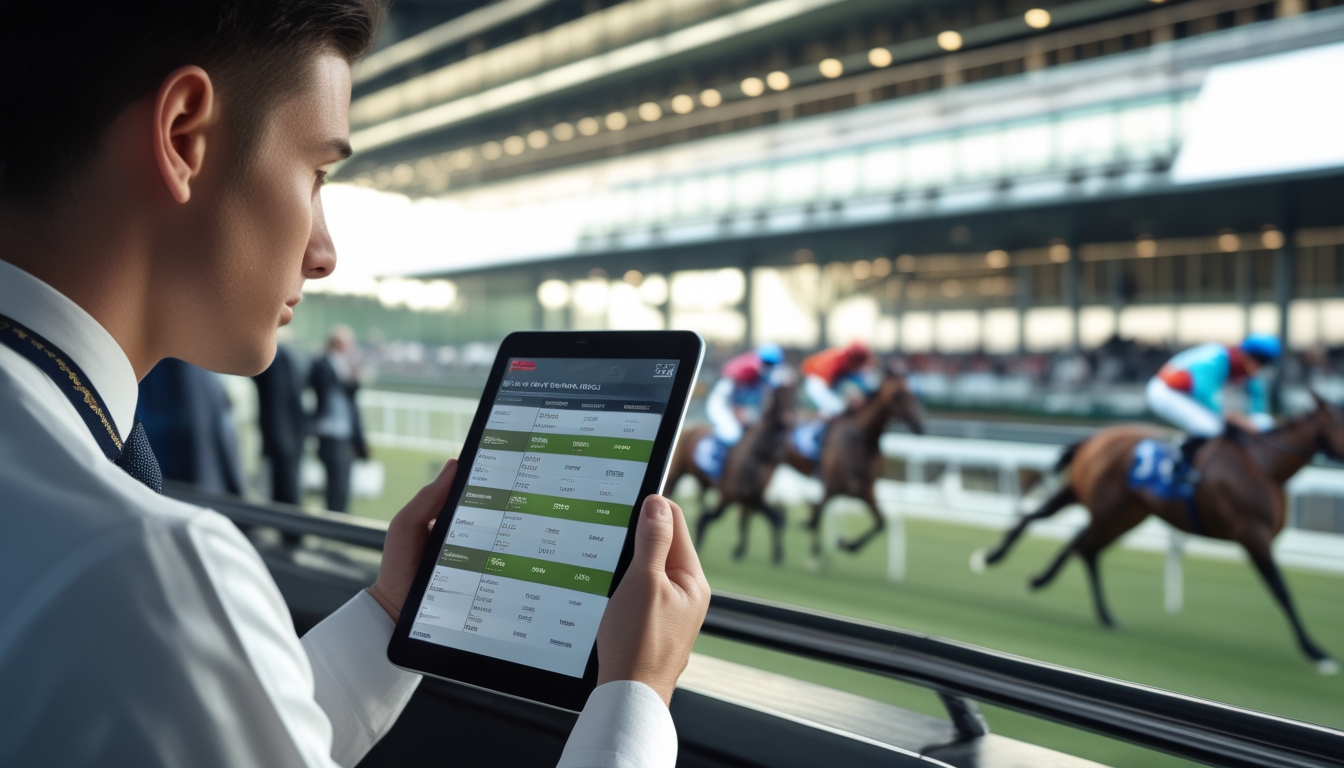 Seorang profesional sedang melihat tablet digital di dekat arena pacuan kuda dengan kuda dan joki yang sedang berlomba di latar belakang.