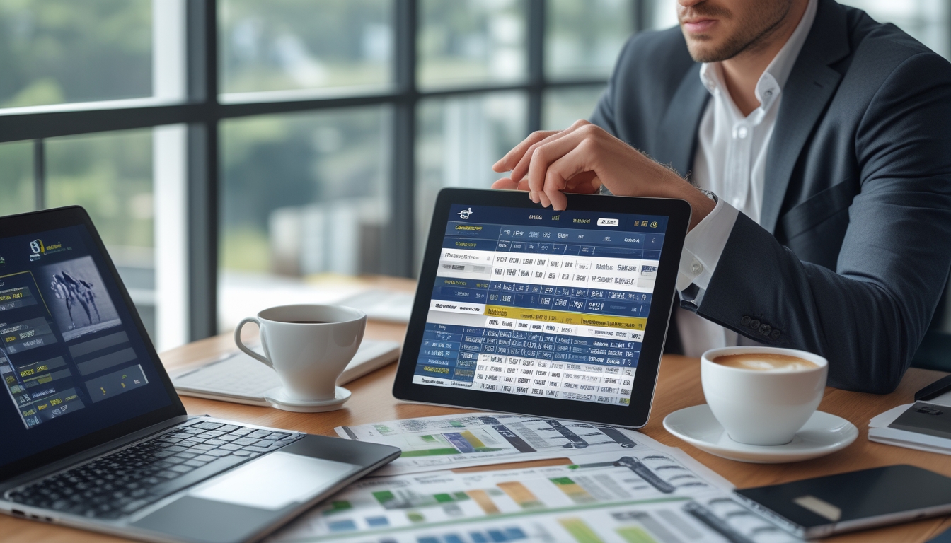 Seseorang sedang menganalisis jadwal dan hasil pacuan kuda menggunakan tablet dan kertas di meja kerja dengan suasana kantor yang terang.