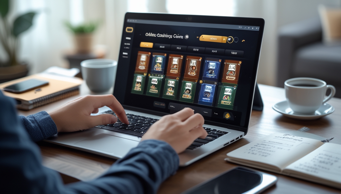 Seseorang bermain permainan kartu Ceme secara online di laptop dengan suasana ruang kerja yang rapi dan terang.