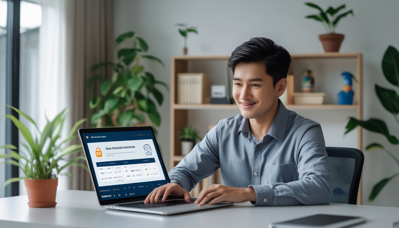 Seorang pria muda Indonesia duduk di meja dengan laptop, terlihat fokus menggunakan situs permainan online yang aman di ruangan yang terang dan rapi.