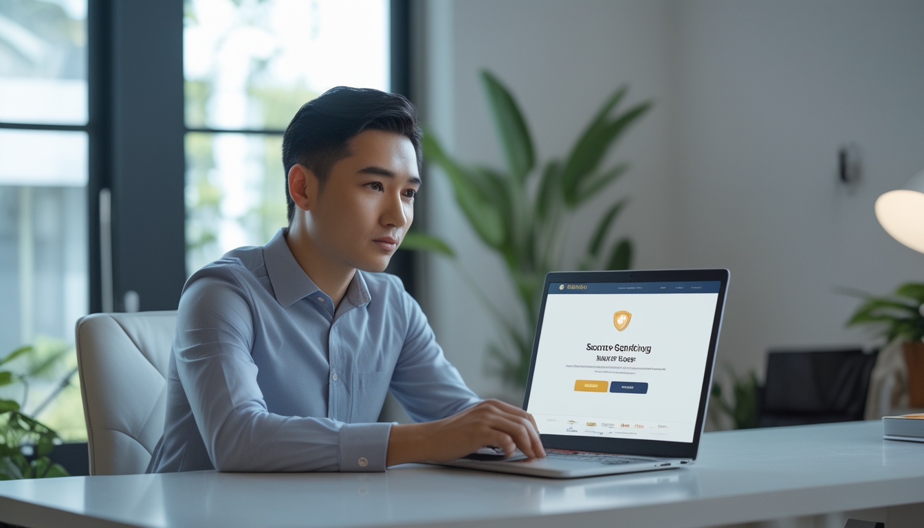 Seorang pria muda Indonesia duduk di depan laptop di ruang kerja rumah yang terang dan rapi, fokus pada layar yang menampilkan situs judi online yang aman.