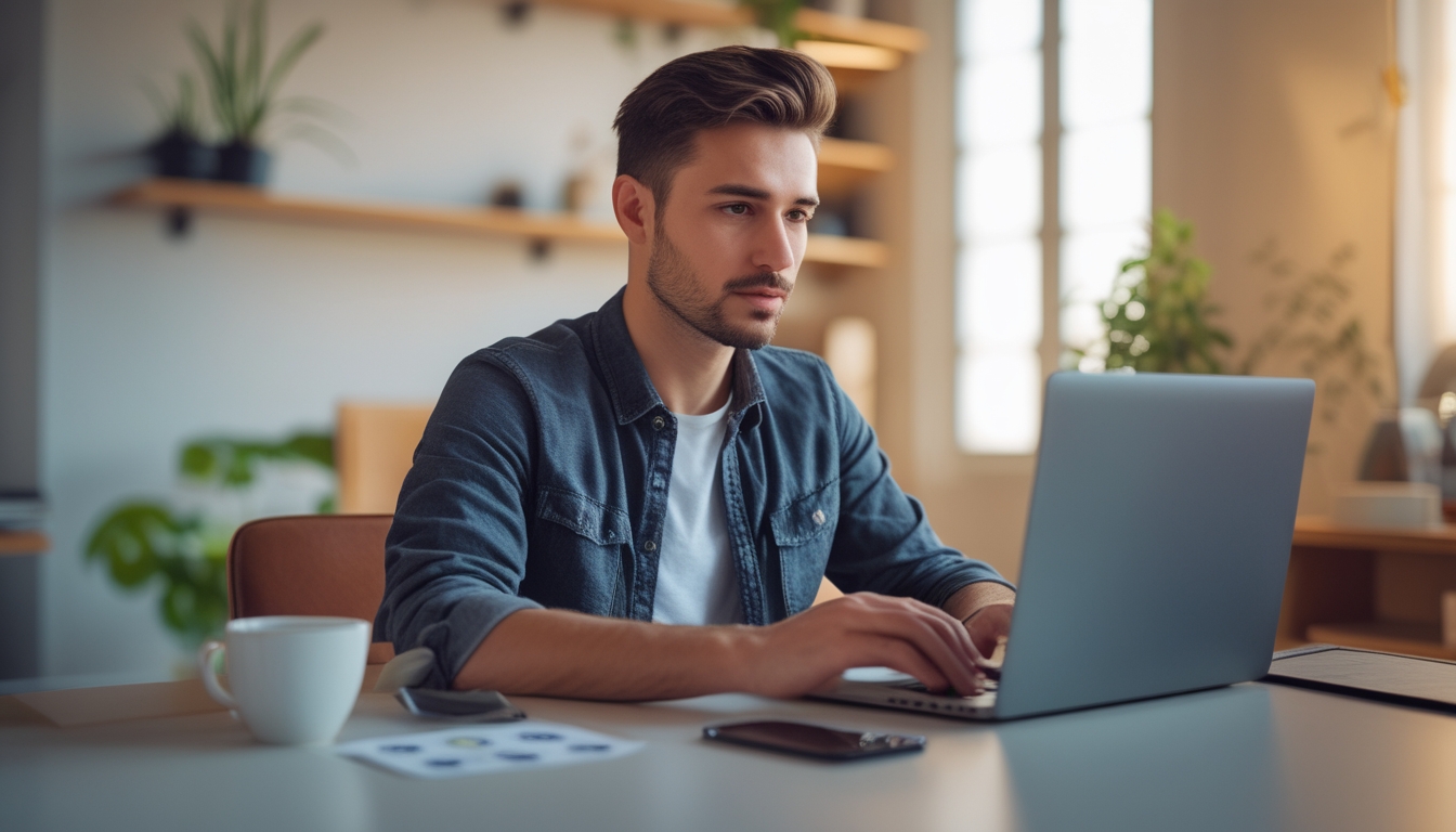 Seorang pria muda duduk di meja dengan laptop, bermain permainan kartu online di ruangan yang terang dan nyaman.