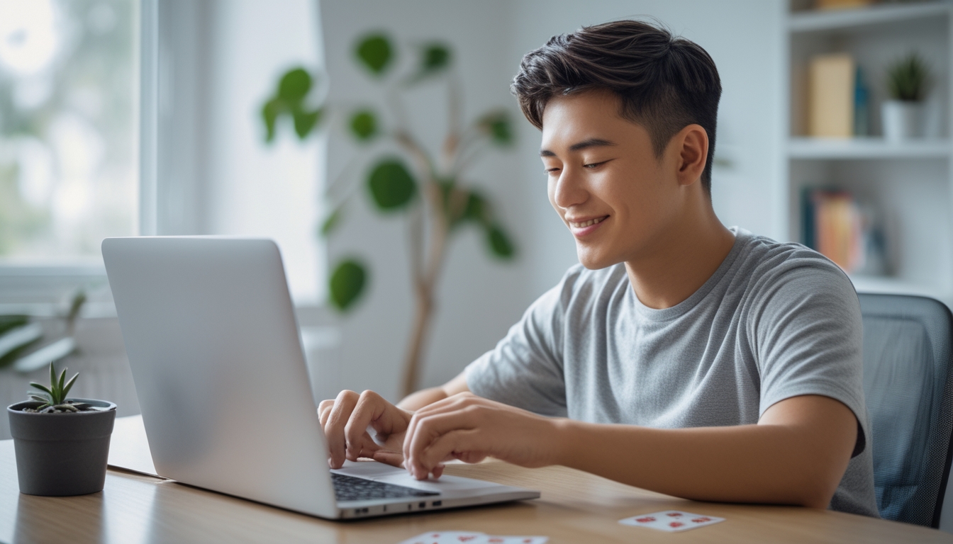 Seorang dewasa muda duduk di meja dengan laptop, bermain permainan kartu online dengan kartu dan chip poker di dekatnya.