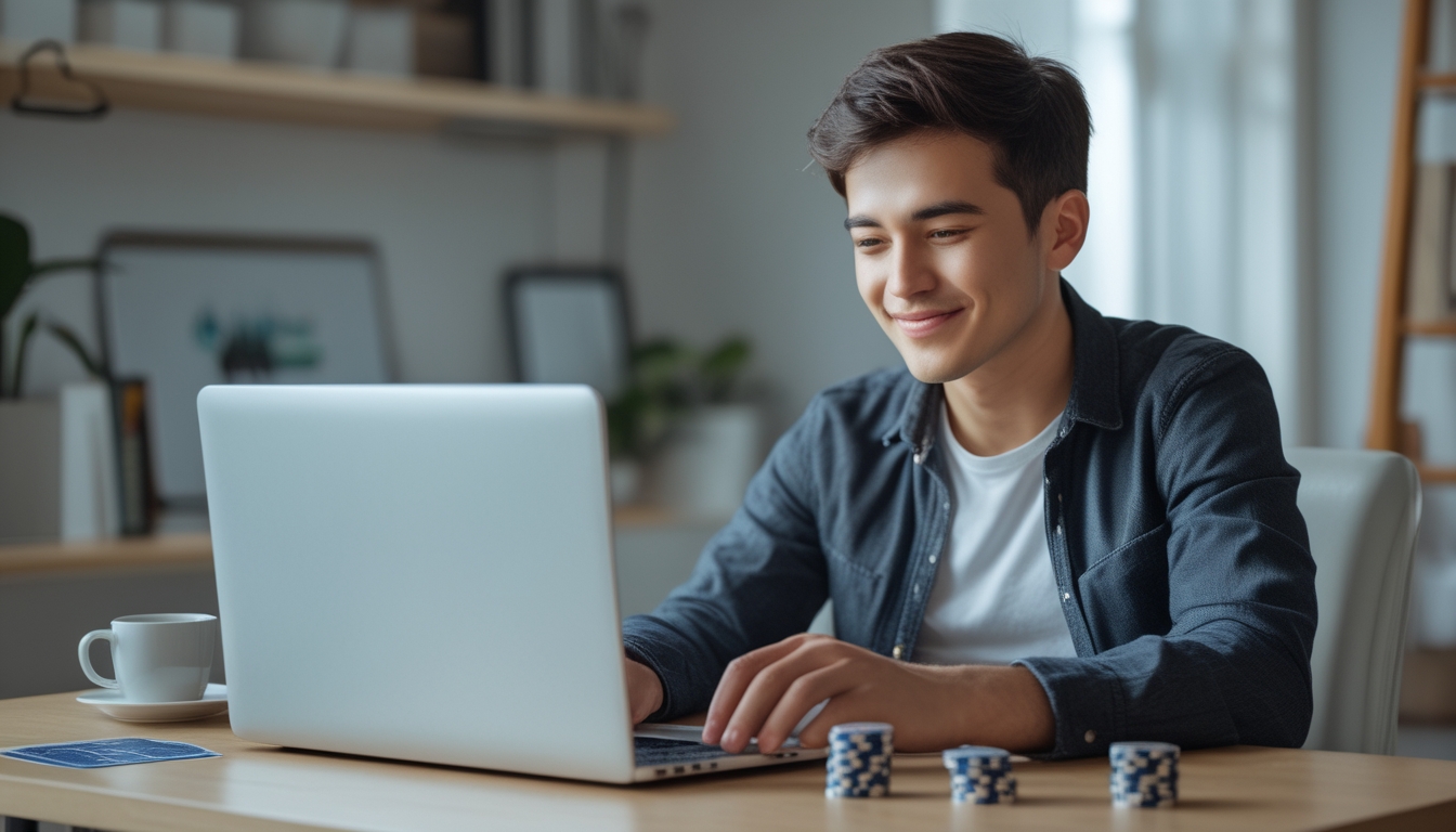 Seorang dewasa muda bermain kartu online di depan laptop dengan tumpukan chip dan kartu di meja, di ruang kerja rumah yang nyaman.