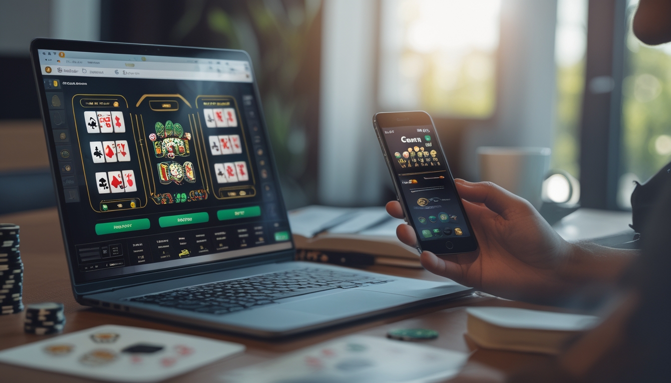 Seorang dewasa muda duduk di meja kerja dengan laptop yang menampilkan permainan kartu online dan beberapa chip poker di atas meja.