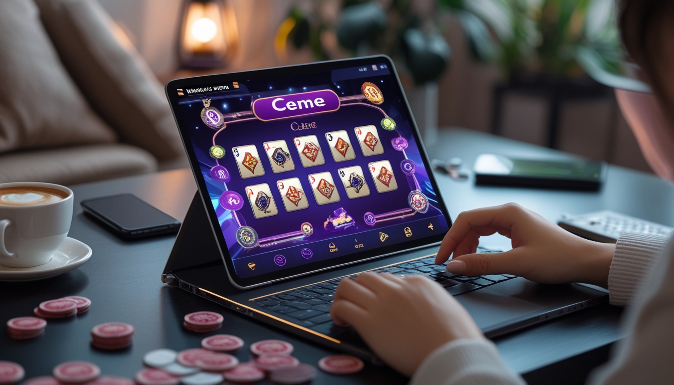 Seorang pemain menggunakan laptop untuk bermain game kartu Ceme online di rumah dengan suasana nyaman, di latar belakang terlihat meja judi konvensional yang buram.