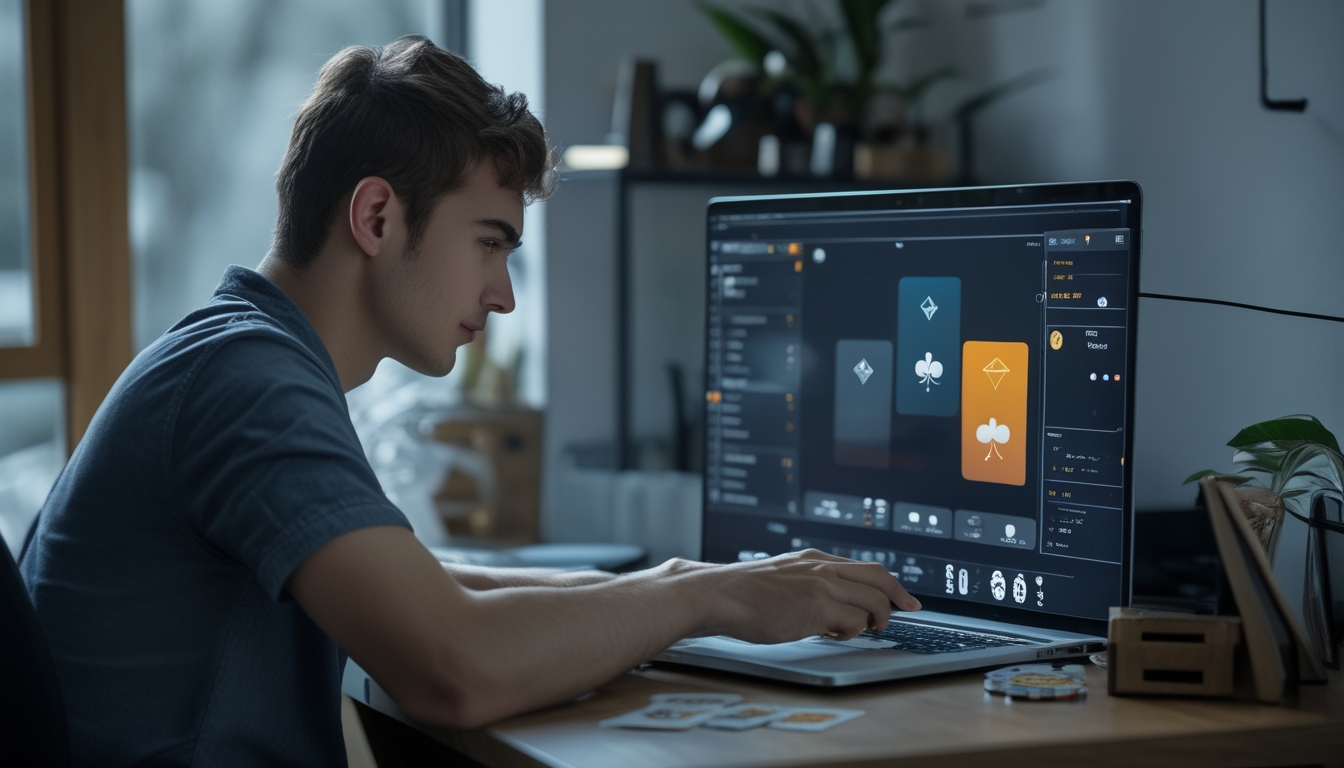 Seorang pria muda fokus bermain permainan kartu online di depan laptop dengan kartu dan chip di meja.