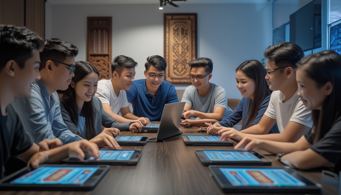 Sekelompok orang muda berkumpul di ruang tamu modern, fokus bermain permainan kartu Ceme secara online menggunakan tablet dan ponsel.