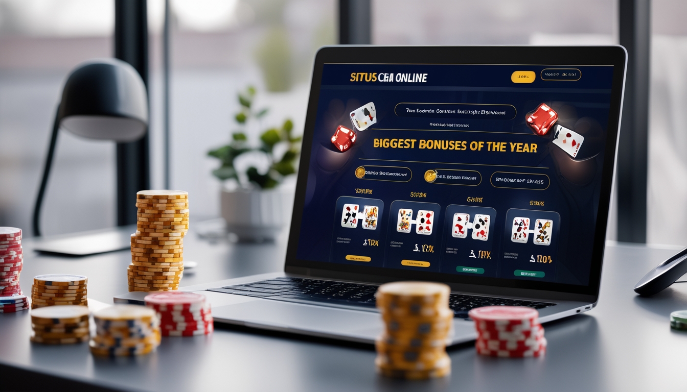 Seorang pria menggunakan laptop di meja kerja dengan chip poker dan kartu remi di sekitarnya, menunjukkan suasana bermain judi online.