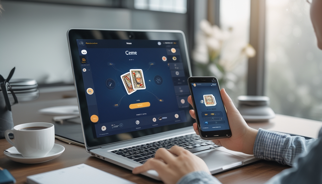 Seseorang sedang duduk di meja dengan laptop dan ponsel, bermain permainan kartu online Ceme.