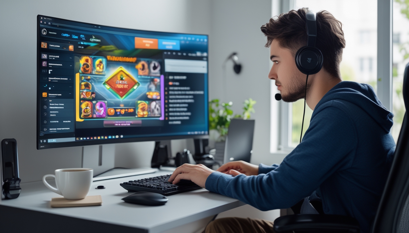 Seseorang duduk di meja dengan komputer yang menampilkan permainan kartu online, siap untuk mulai bermain.