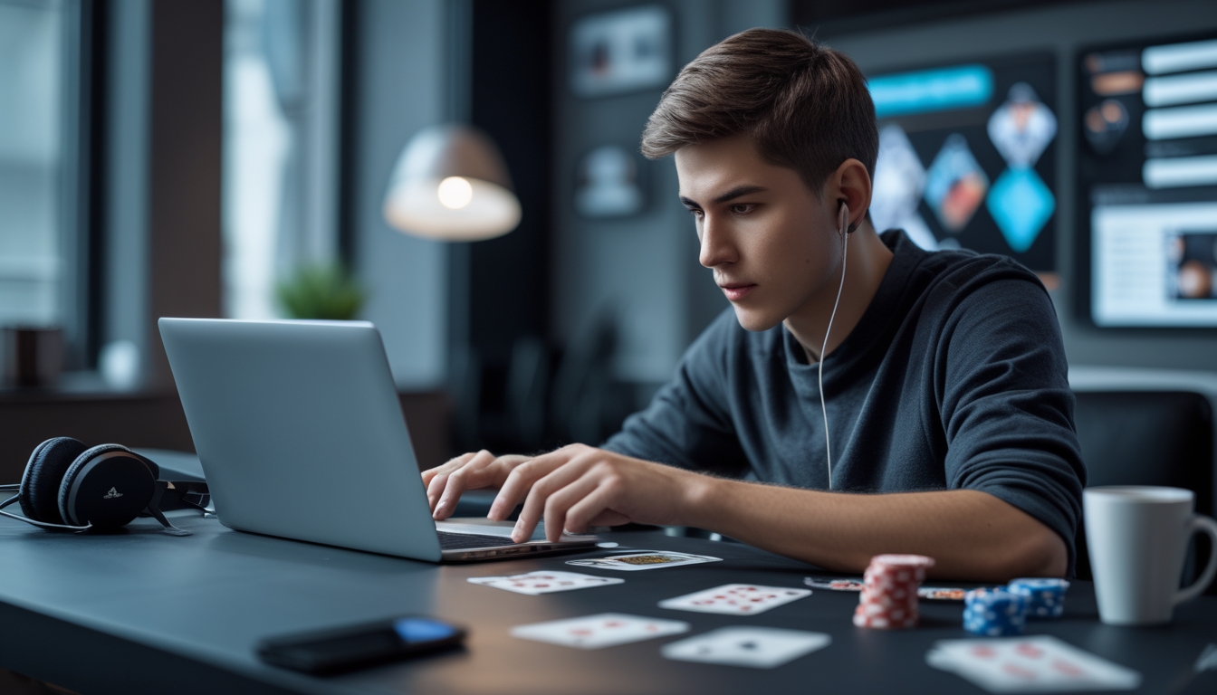 Seorang pria muda fokus bermain permainan kartu online di depan laptop di ruang modern dengan chip poker dan kartu di meja.