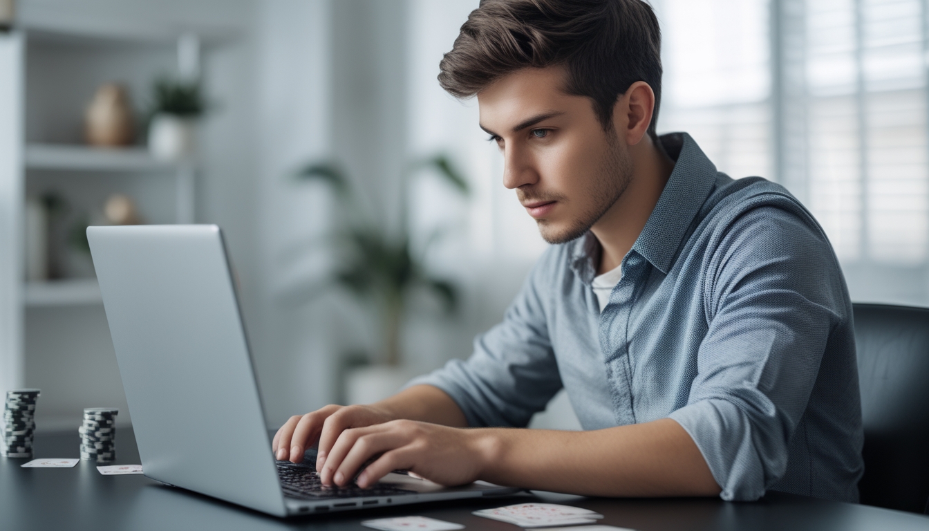 Seorang pria muda sedang duduk di meja bermain permainan kartu online dengan ekspresi fokus dan hati-hati.