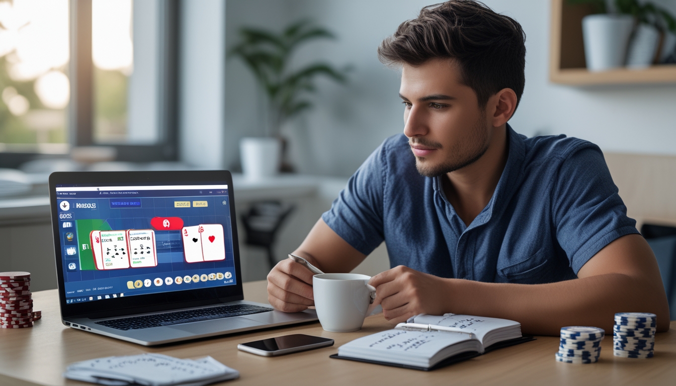 Seorang pria muda duduk di meja kerja dengan laptop, mencatat dan mengatur modal sambil bermain permainan kartu online.
