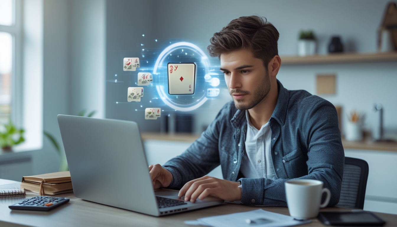 Seorang pria muda duduk di meja dengan laptop, kalkulator, dan buku catatan, terlihat fokus bermain permainan kartu online dan mengatur modal dengan serius.