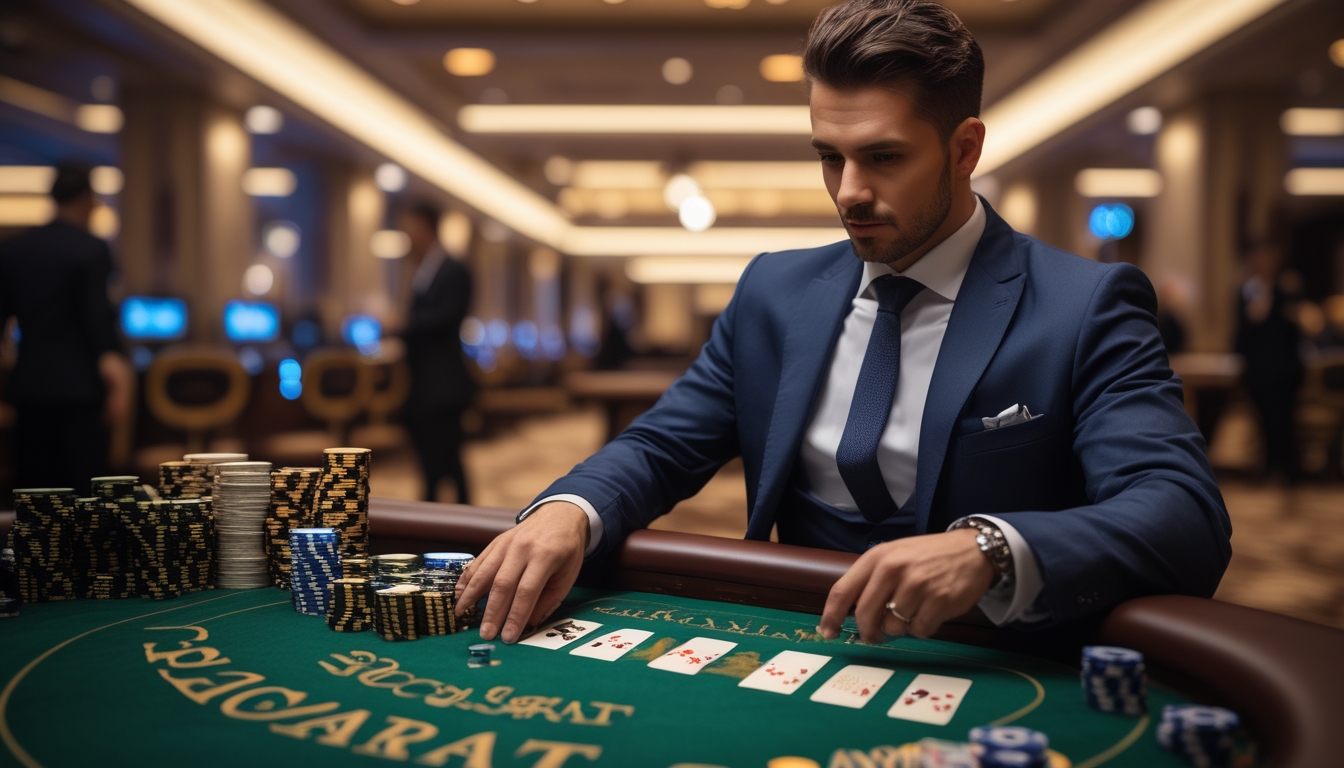Seorang pemain profesional sedang duduk di meja baccarat di kasino, fokus menganalisis kartu dan chip dengan suasana mewah di latar belakang.