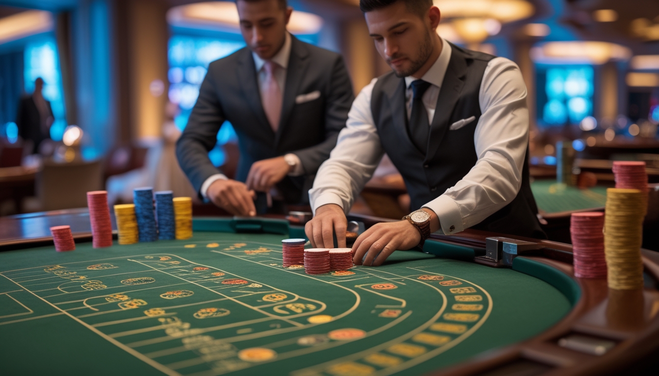 Seorang pemain dan dealer di meja Baccarat di kasino mewah dengan kartu dan tumpukan chip taruhan.