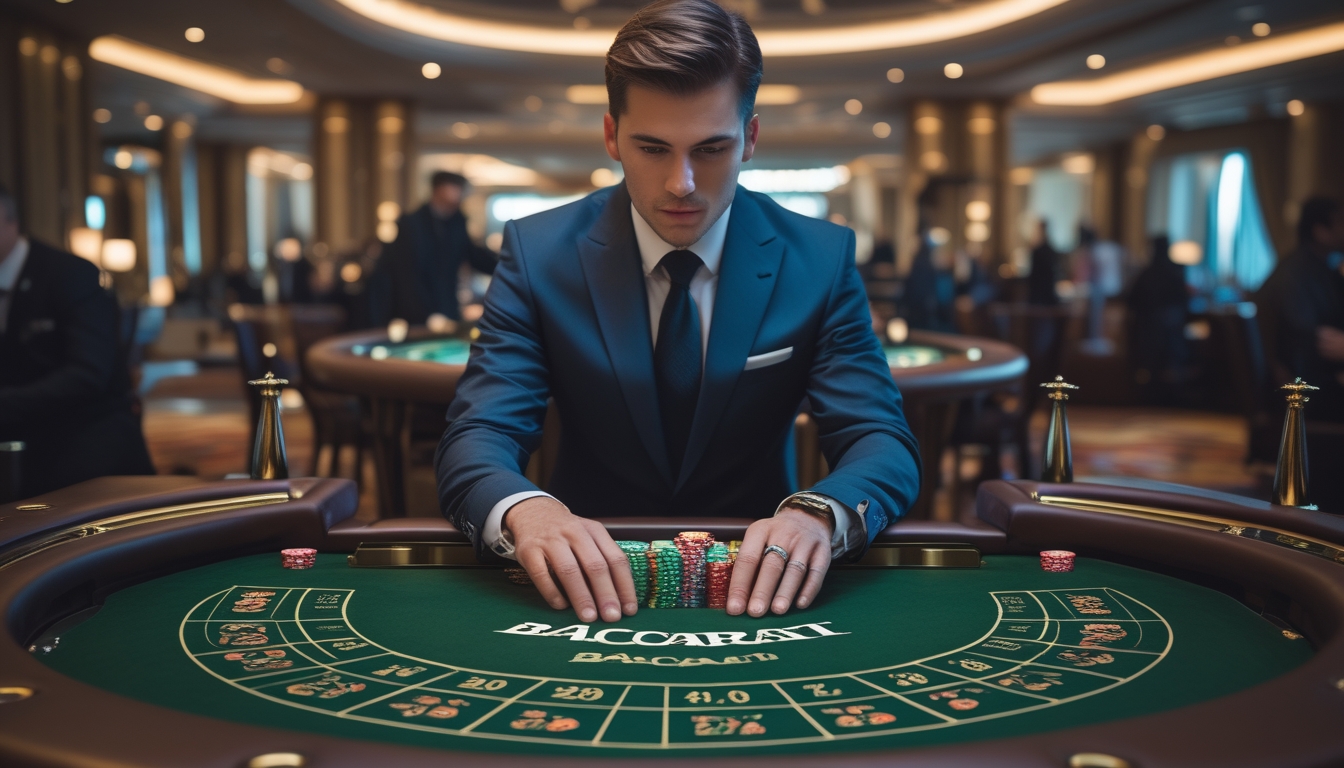 Seorang pemain profesional sedang duduk di meja baccarat mewah, fokus memasang taruhan dengan kartu dan chip di depan mereka di dalam suasana kasino yang elegan.