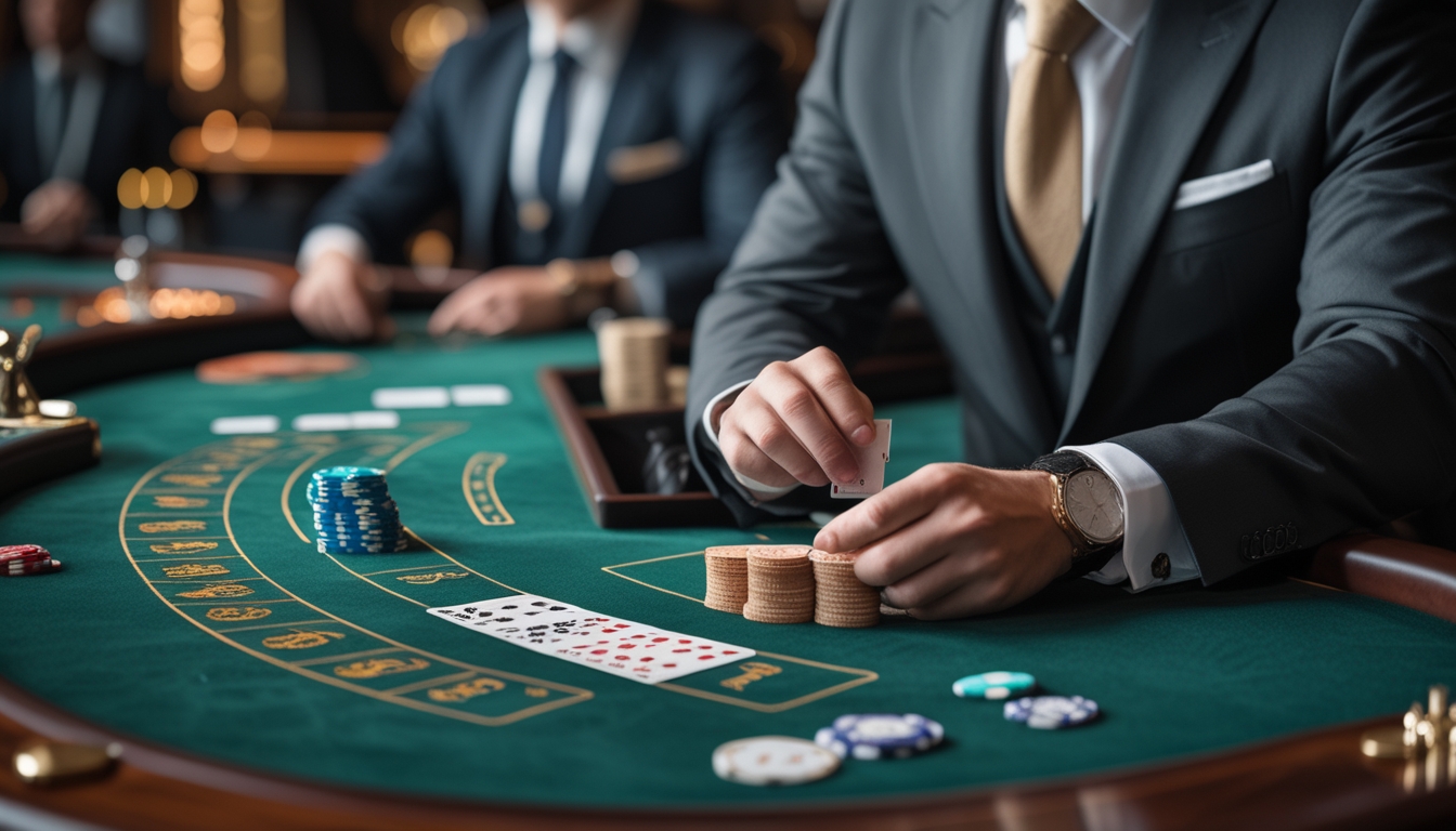 Seorang pemain profesional sedang fokus bermain Baccarat di meja kasino dengan kartu dan chip tertata rapi.