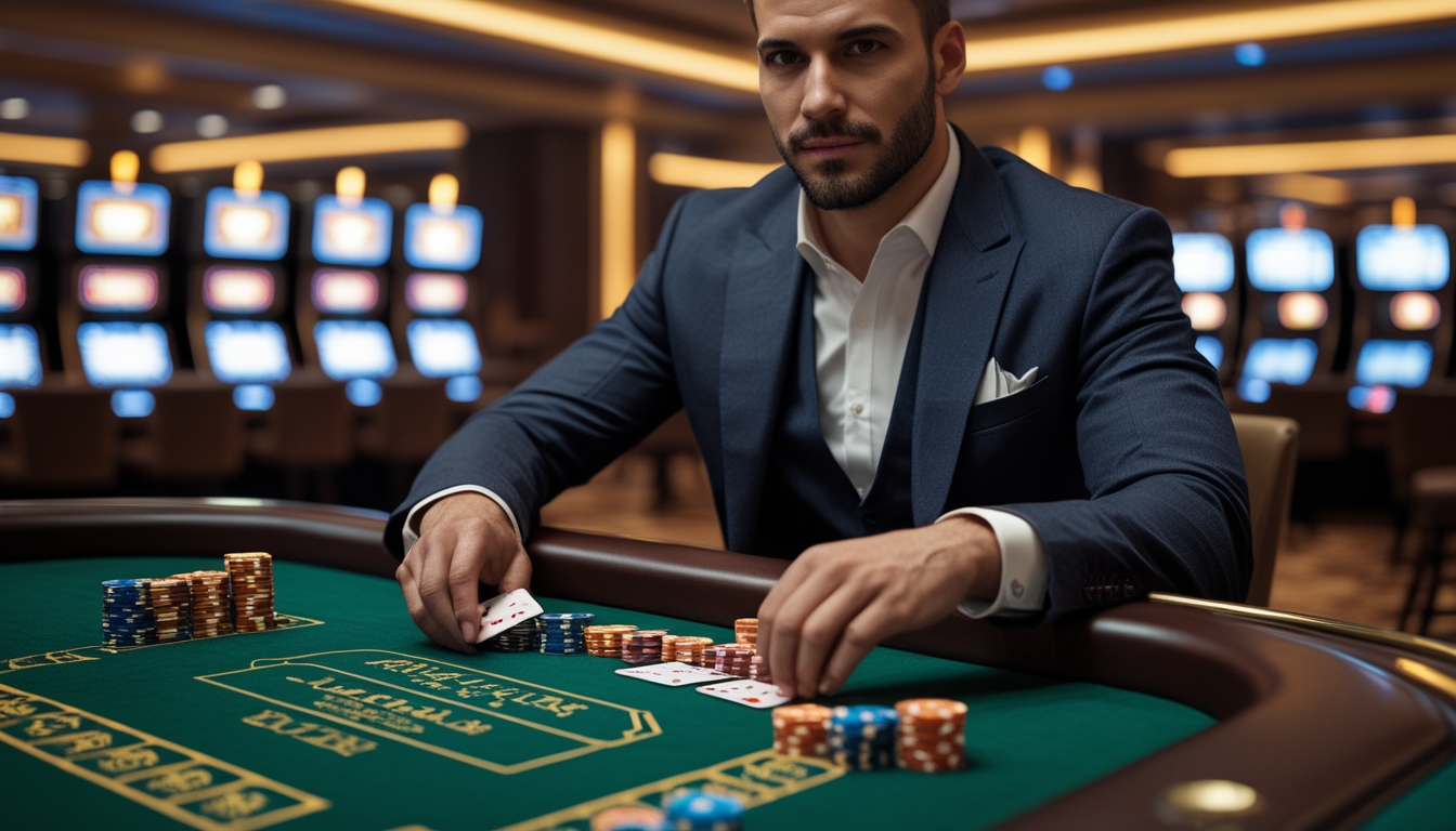 Seorang pria profesional duduk di meja baccarat dengan kartu dan chip, fokus bermain dalam suasana kasino.