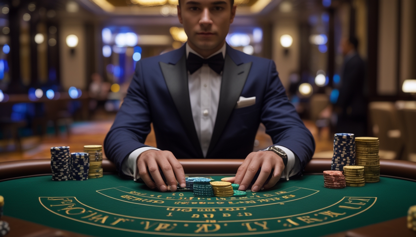 Seorang pemain profesional sedang duduk di meja baccarat di kasino mewah, fokus dan siap memasang taruhan dengan chip dan kartu di depannya.