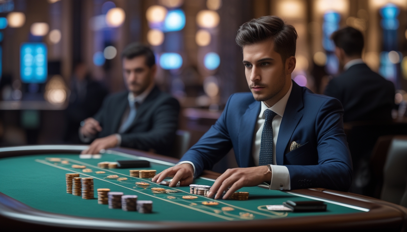 Seorang pemain baccarat berpakaian rapi duduk di meja baccarat dengan chip taruhan dan kartu, di latar belakang kasino yang mewah dan pencahayaan redup.