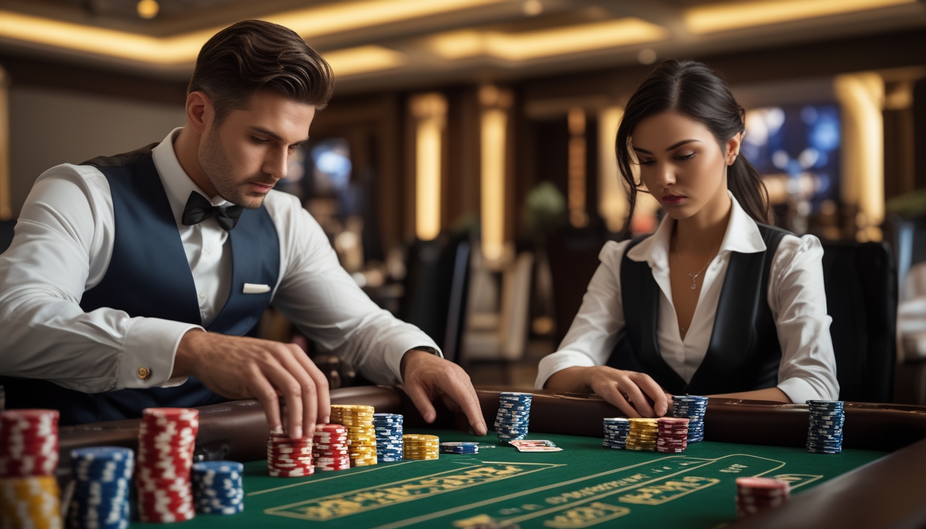 Dua pemain dan seorang dealer bermain baccarat di meja kasino dengan tumpukan chip dan kartu.